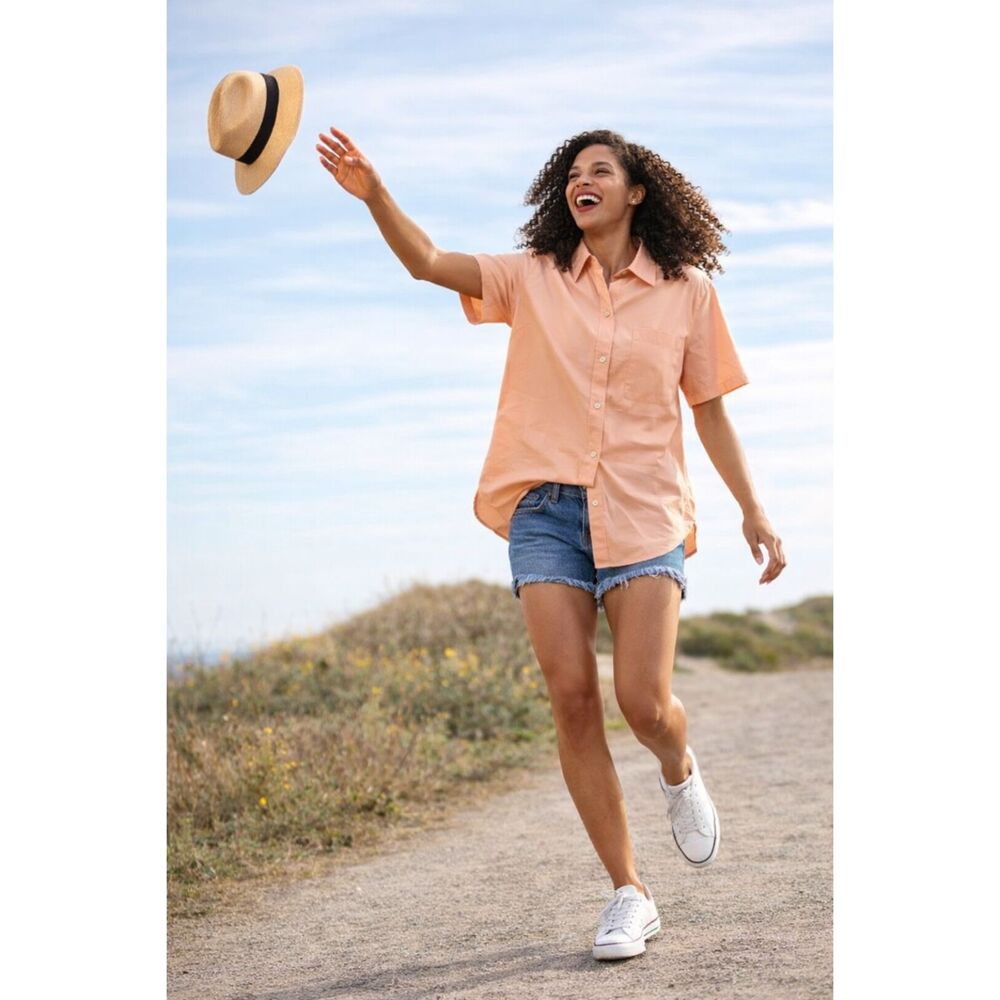 Vince Cotton Button Down Camp Shirt Peach Pink Small New